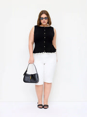 Knit Boat Neck Contrast Trim Ruffled Hem Metal Button Vest Curve & Plus