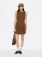 Wool-look Boat Neck Plaid Pleated Mini Dress