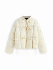 Stand Collar Bowknot Zip Through Oversized Cropped Puffer