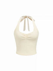 Cotton-Blend Halter Neckline Ruched Knotted Crop Tee