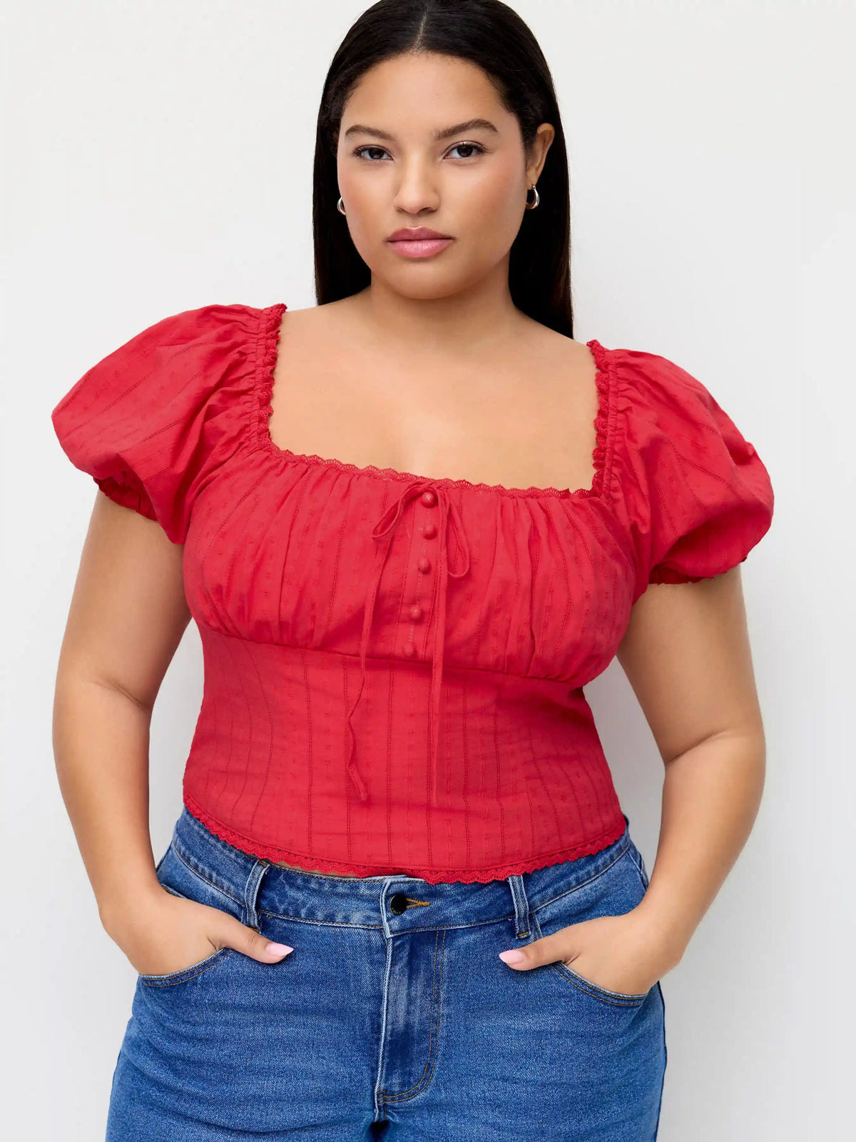 Cotton Broderie Anglaise Puff Sleeve Crop Blouse Curve & Plus