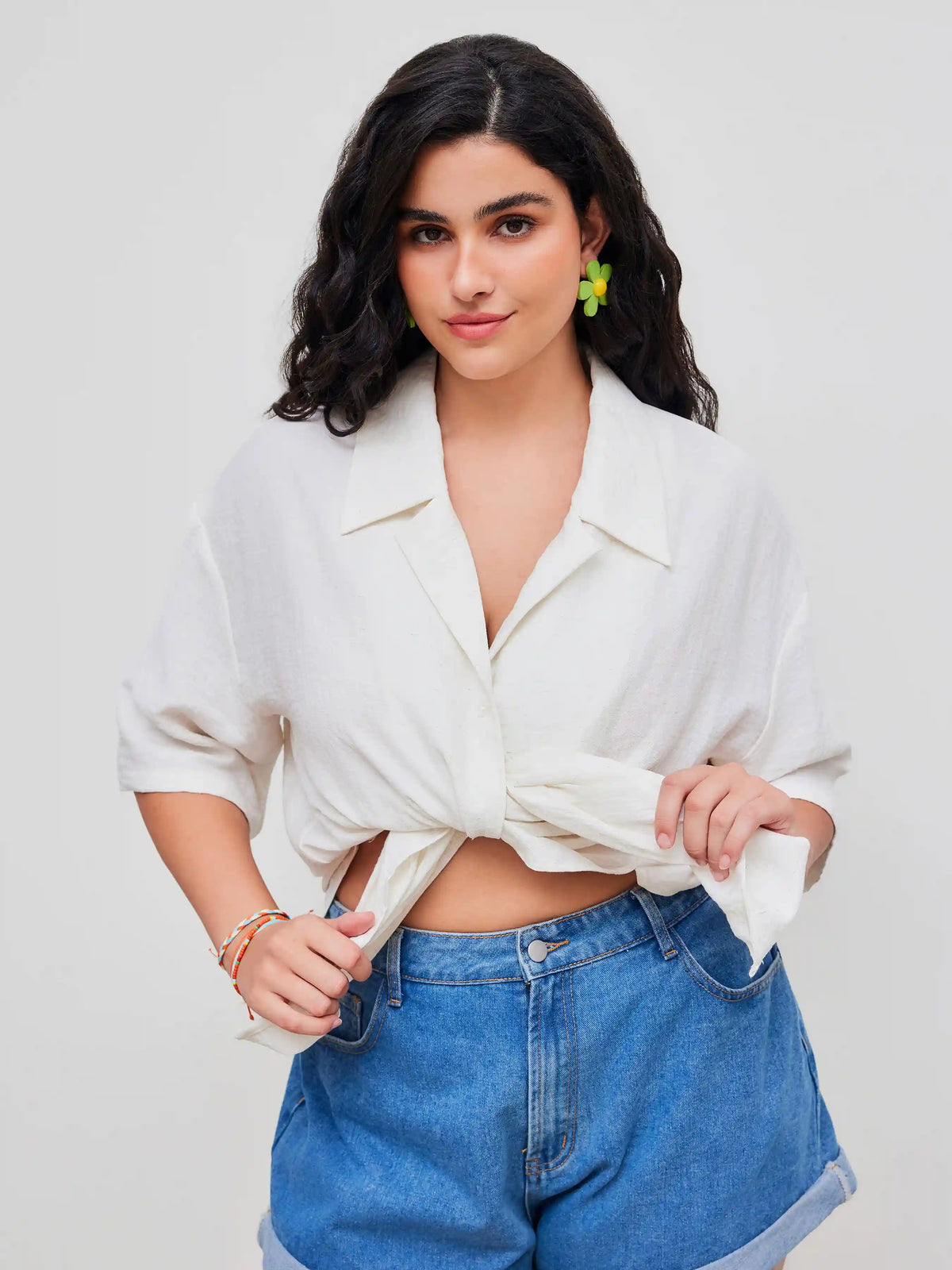Linen-blend Collar Solid Short Sleeve Shirt Curve & Plus