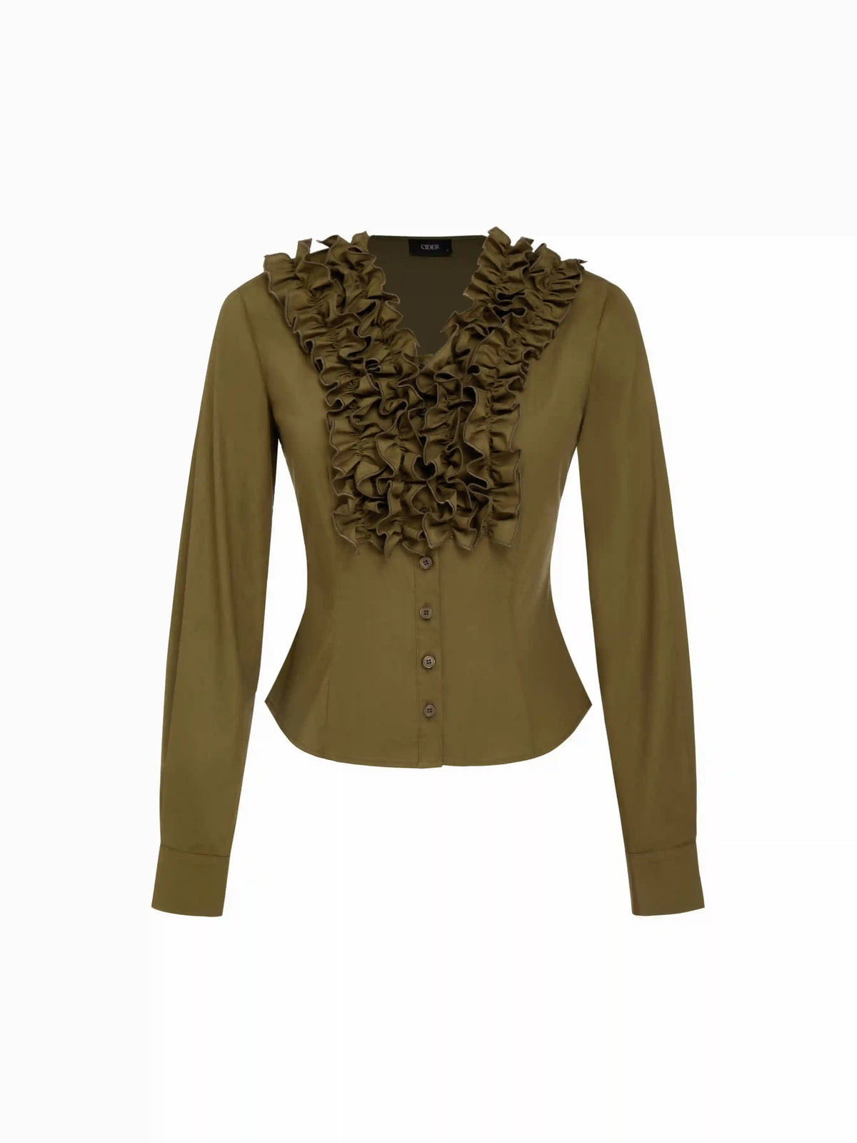 Cotton-blend V-neck Long Sleeve Ruffled Blouse