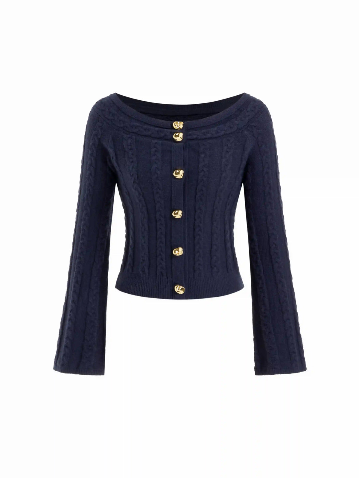 Multi-way Cable Knit Boat Neck Metal Detail Cardigan