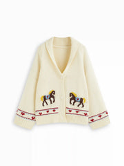 Knit Horse Graphic V-Neck Oversized Cardigan