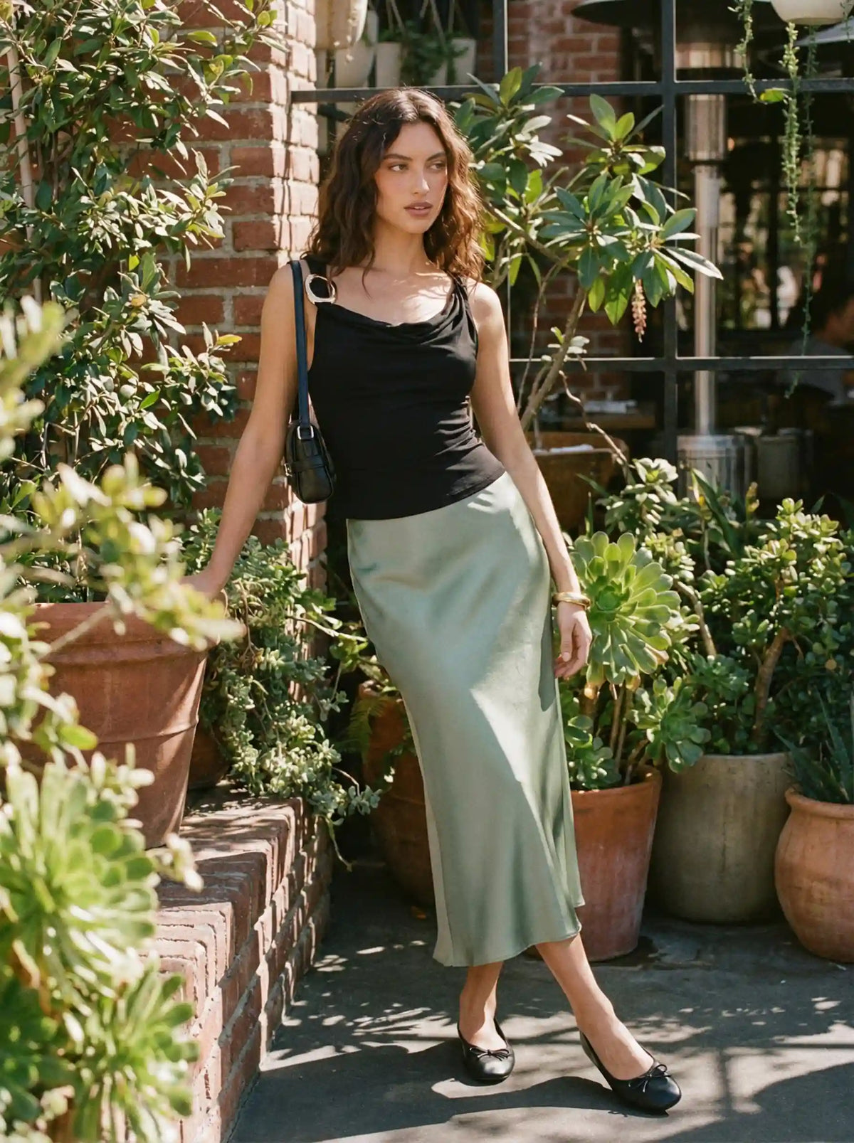 Cowl Neck Twist Ruched Metal Detail Top