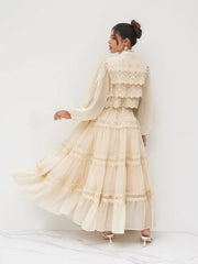 Chiffon High Neck Guipure Pearl Button Maxi Dress