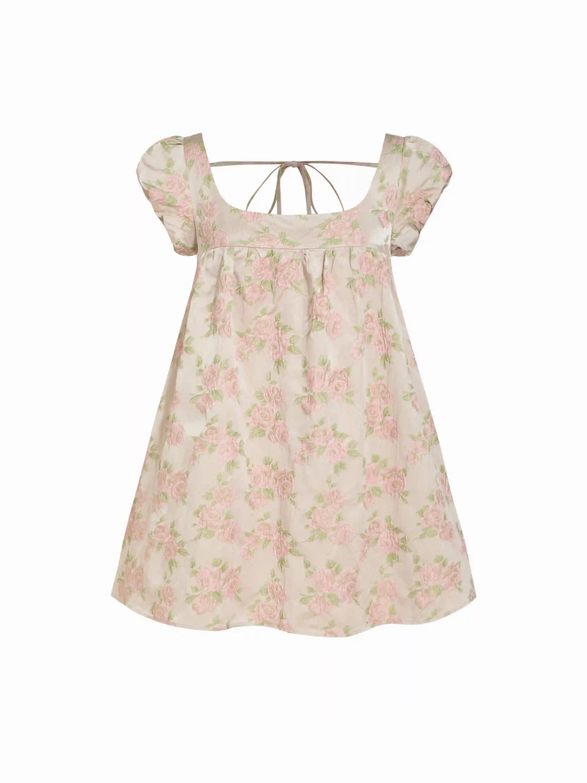 Floral Embroidery Puff Sleeve Tie Back Oversized Babydoll Mini Dress
