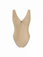 V-neck Ruched Metal Buckle Solid One-piece