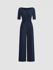 Boat Neck Button Mid-length Sleeve Jumpsuit