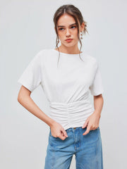 Cotton-blend Round Neck Solid Ruched Short Sleeve Tee