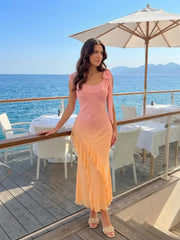 Mesh Scoop Neck Ruffled Asymmetrical Hem Mermaid Maxi Dress