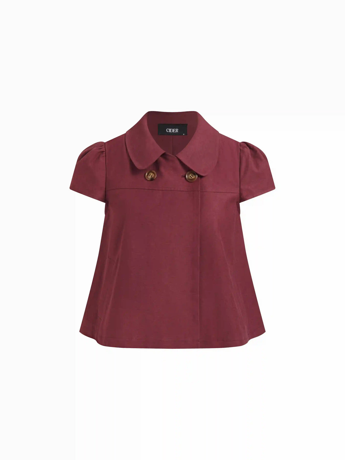Cotton-blend Collar Double Breasted Short Puff Sleeve Oversized Blouse