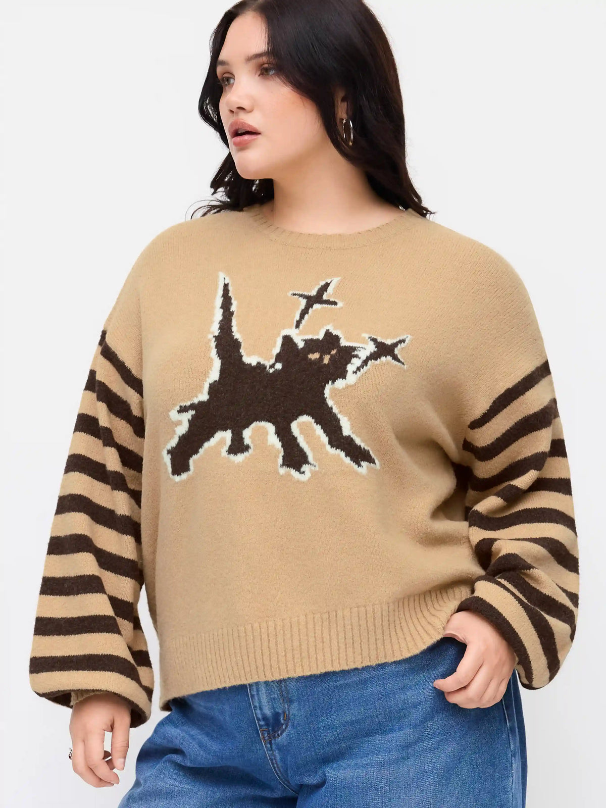 Knit Round Neckline Cat Striped Oversized Top Curve & Plus