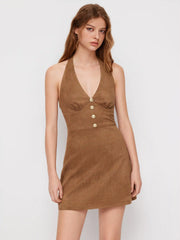 Suede Halter V-neck Metal Detail Mini Dress