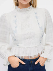 Cotton-blend Round Neckline Lace Panel Floral Lantern Sleeve Blouse