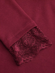 Collar Long Sleeve Contrasting Lace Ruched Top