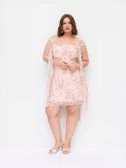 Square Neck Lace Floral Ruffle Hem Ruched Mini Dress Curve & Plus