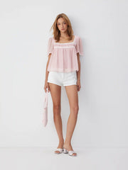 Square Neck Puff Sleeve Lace Trim Bowknot Ruched Oversized Blouse