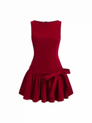 Velvet Boat Neck Ruffled & Bowknot Mini Dress