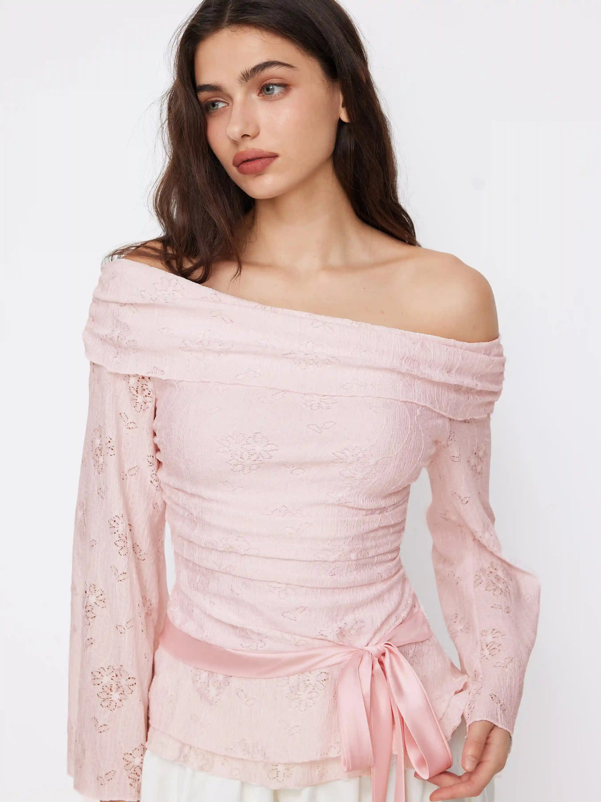 Lace Off-shoulder Floral Knotted Ruched Long Sleeve Top