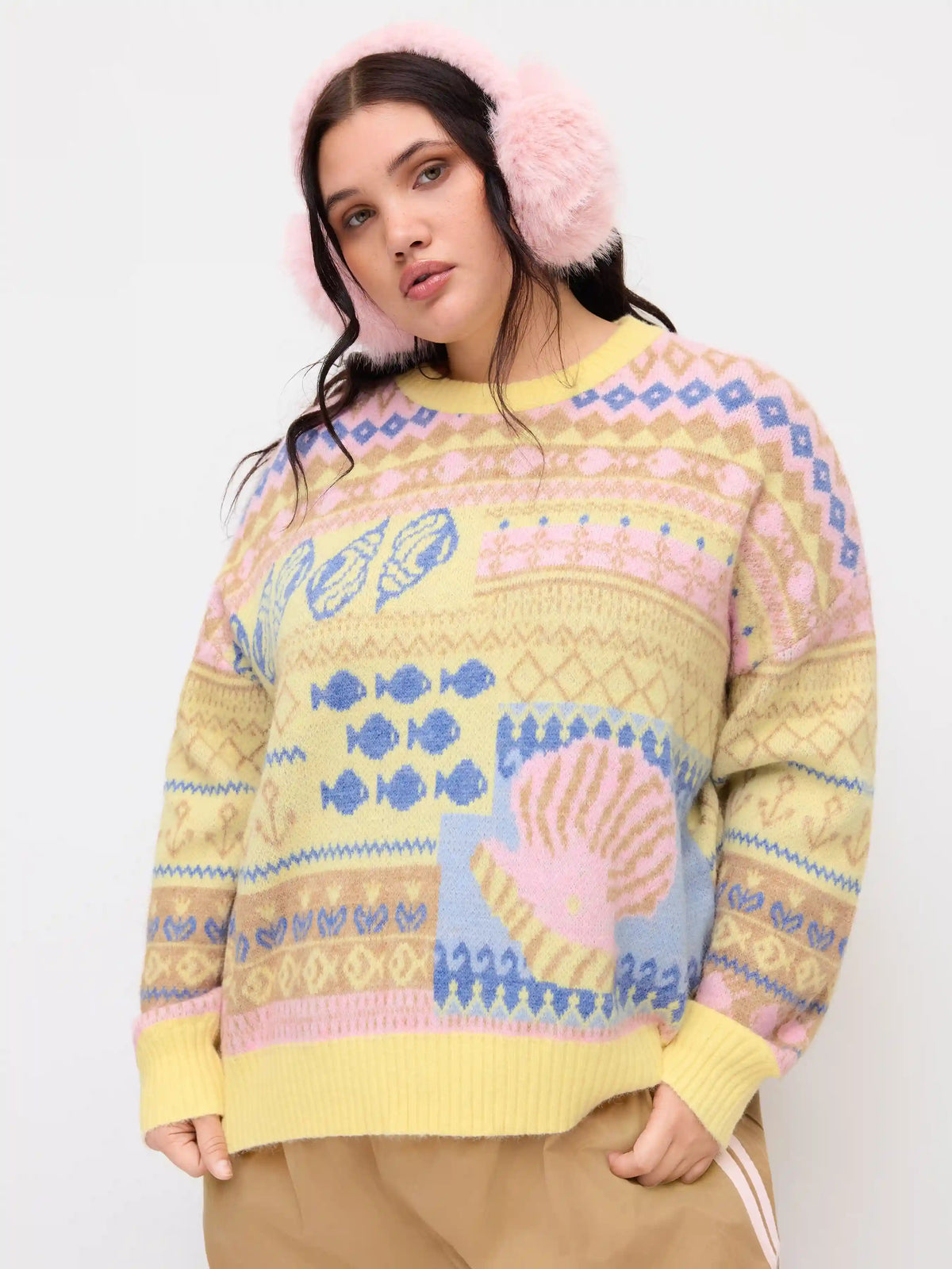 Knit Fish & Shell Pattern Colorblock Long Sleeve Sweater Curve & Plus