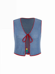 Knit Crochet V-Neck Colorblock Tie Front Bow Oversized Vest Curve & Plus