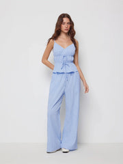 Gingham V-Neck Ruched Peplum Top & Mid Rise Wide Leg Trousers Set