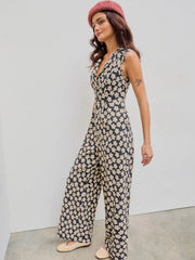 Collar Floral Wide Leg Jumpsuit