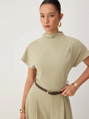 Stand Collar Ruched Short Sleeve Straight Leg Jumpsuit With