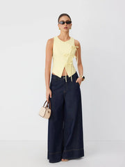 Linen-blend Sweetheart Asymmetrical Bowknot Blazer Vest