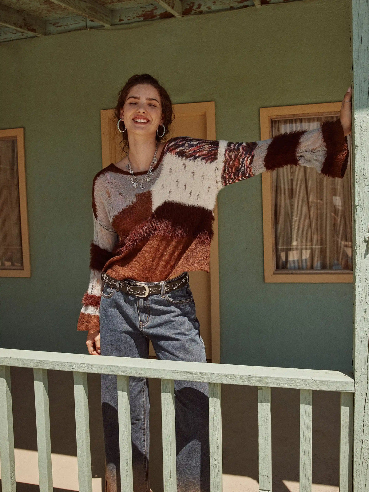Wool-blend Knitted Boat Neckline Colorblock Long Sleeve Top