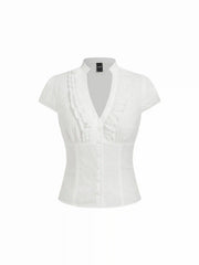 Cotton-blend Broderie Anglaise V-neck Ruffled Short Sleeve Blouse