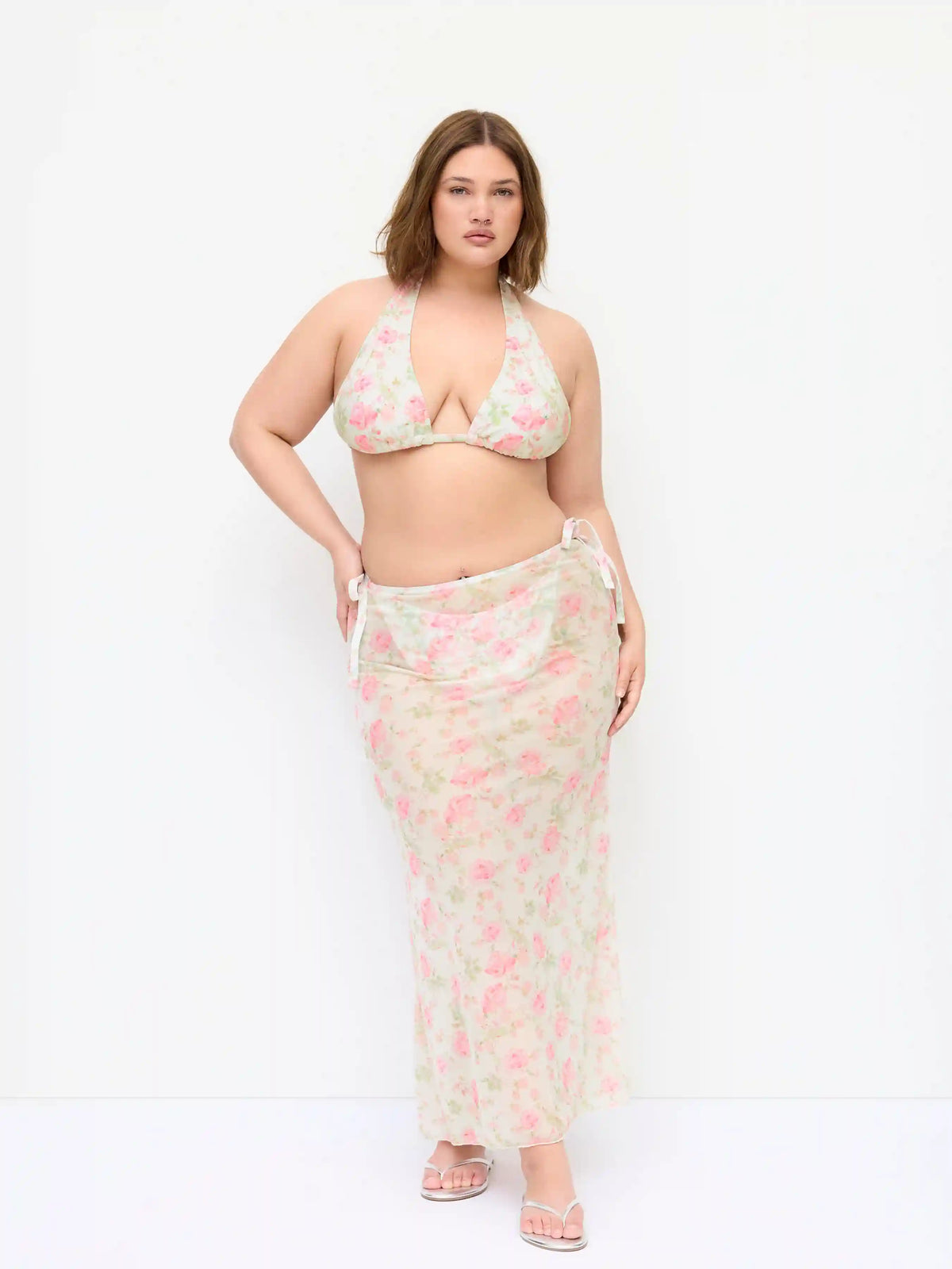 Halter Neckline Floral Tie Side Bikini Set With Skirt Curve & Plus