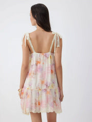 Chiffon Floral V-neck Lace Trim Tie Strap A-line Mini Dress