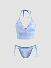 V-neck Gingham Bowknot Halter Tie Side Bikini Set