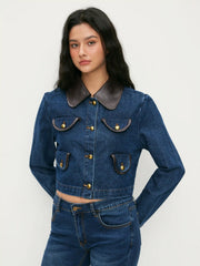 Washed Denim Faux Leather Collar Jacket