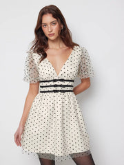 Mesh V-neck Puff Sleeve Polka Dot A-line Mini Dress