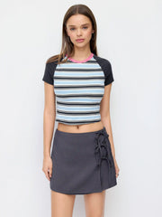 Knit Fabric Round Neckline Stripe Short Sleeve Tee