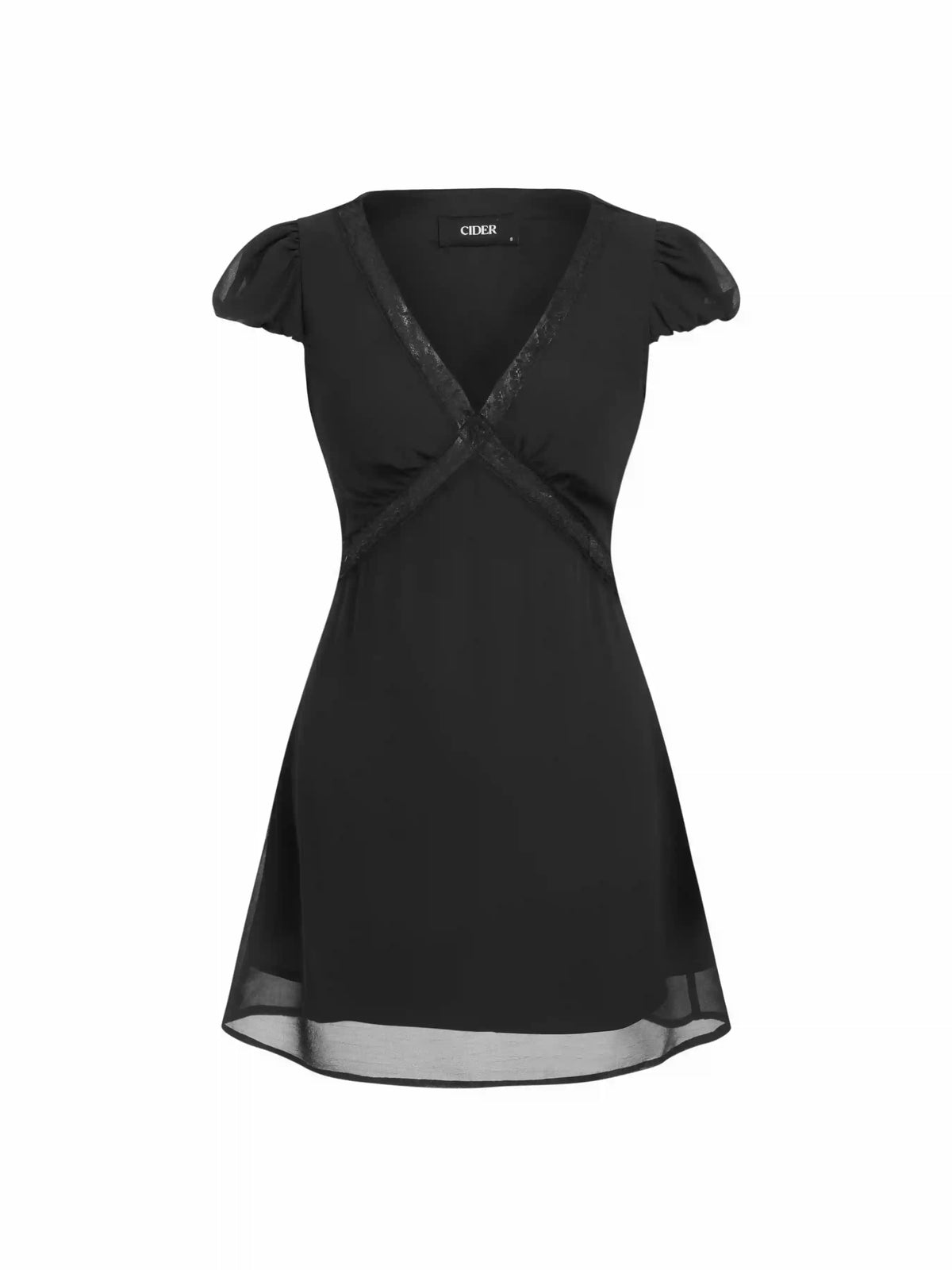 Chiffon V-neck Puff Sleeve Lace Panel A-line Mini Dress
