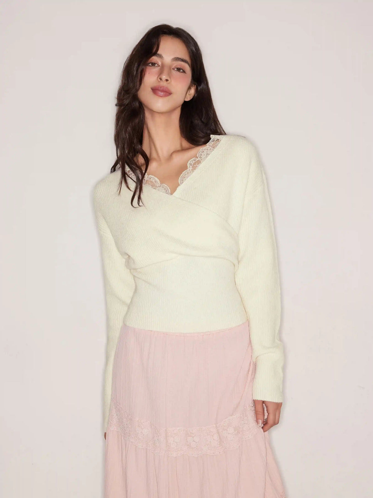 Knit V-neck Solid Lace Trim Wrap Long Sleeve Top