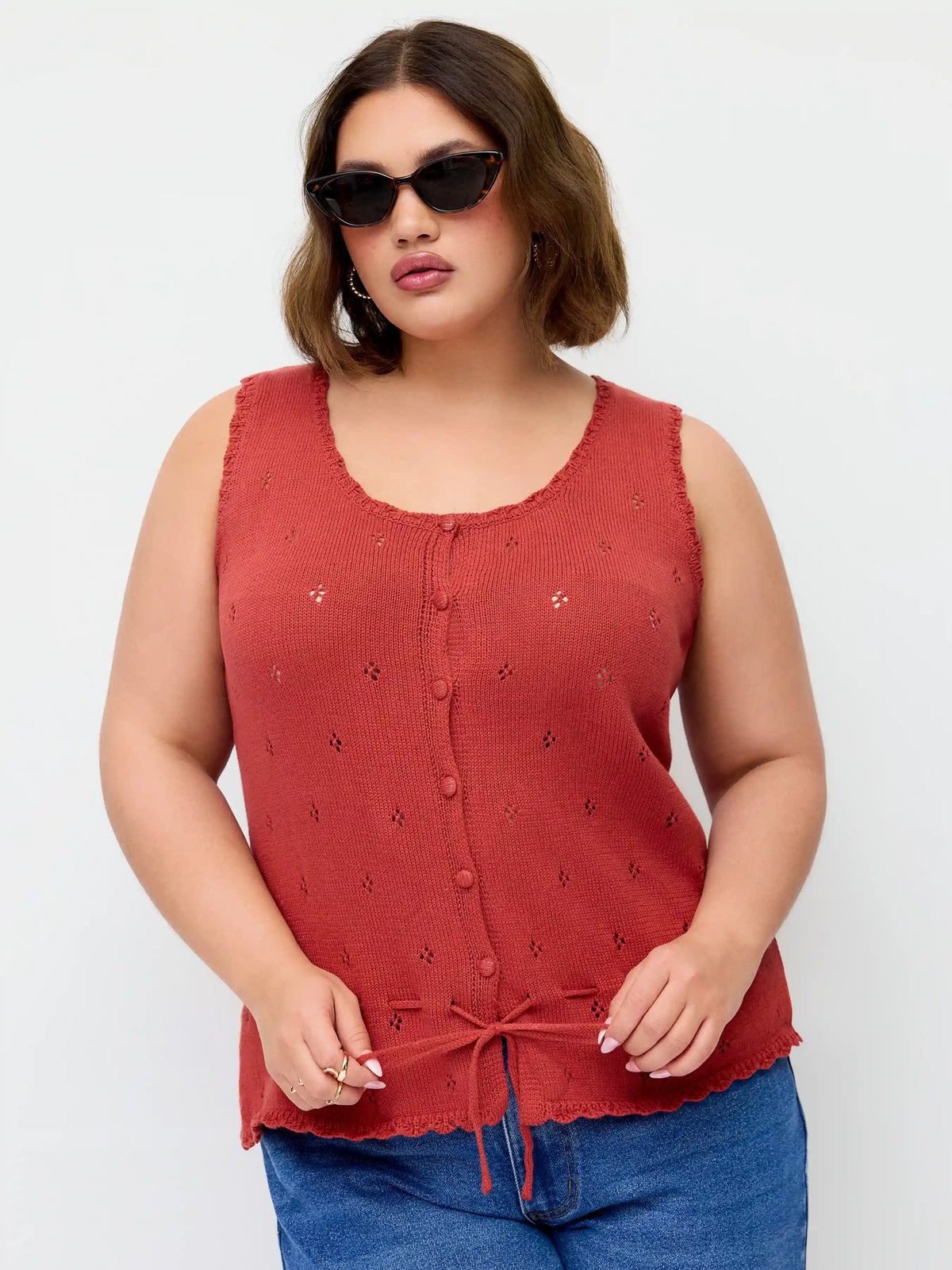 Knit Cotton-blend Pointelle Drawstring Peplum Vest Curve & Plus