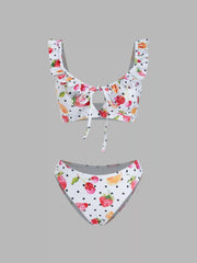 U-neckline Fruit Polka Dot Bowknot Lettuce Trim Bracelet Cheeky Bikini Set