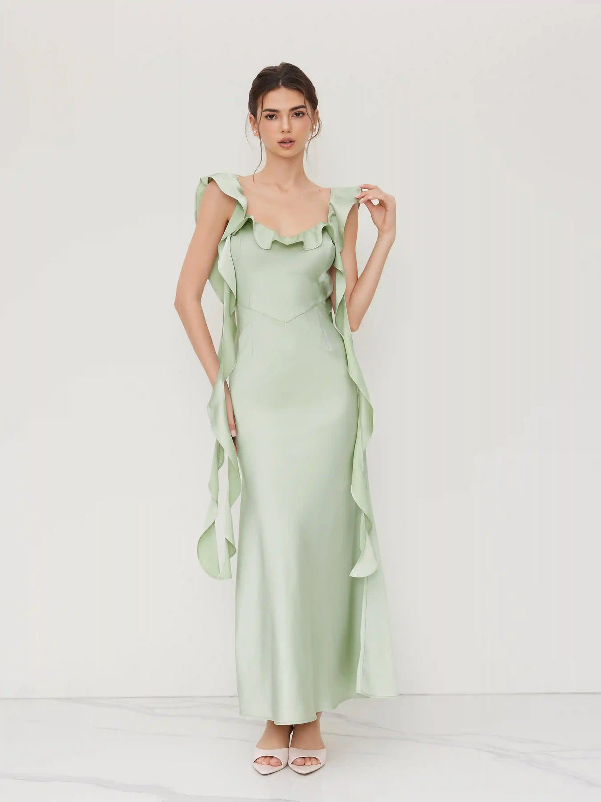 Two Way Satin V-neck Backless Ruffle Hem Maxi Dress