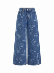 Washed Denim Low Rise Bowknot Graphic Oversized Wide Leg Jeans