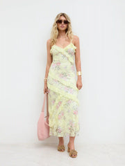 Lace V-neck Floral Ruffle Maxi Dress