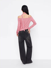 Gingham Off-shoulder Long Sleeve Ruched Asymmetrical Hem Top With Scarf