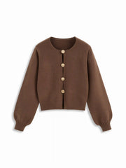Knit Round Neckline Lantern Long Sleeve Metal Button Sweater
