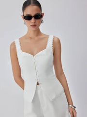 Linen-blend Lace Panel Mid Rise Wide Leg Jumpsuit