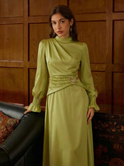 Satin Stand Collar Lantern Sleeve Ruched Waist A-line Maxi Dress
